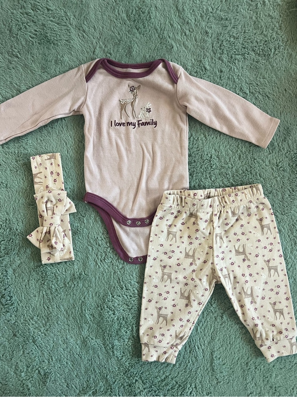 chick pea "I Love My Family" Woodland Critter Bodysuit with Matching Bow